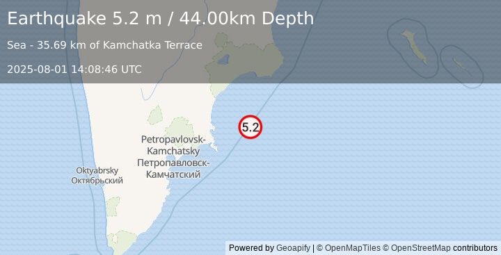 Earthquake OFF EAST COAST OF KAMCHATKA (4.9 mb) (2025-08-01 14:08:41 UTC)