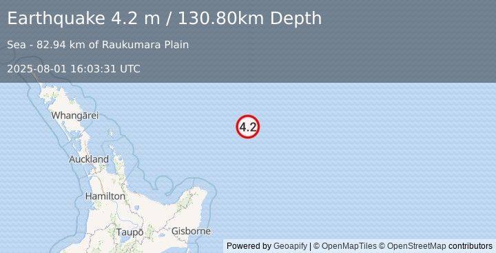 Earthquake NORTH OF NEW ZEALAND (3.9 m) (2025-08-01 16:03:40 UTC)
