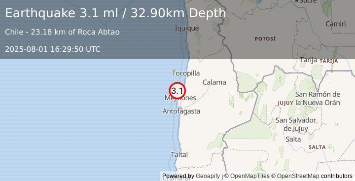 Earthquake OFFSHORE ANTOFAGASTA, CHILE (3.1 ml) (2025-08-01 16:29:50 UTC)