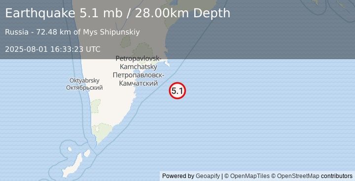 Earthquake OFF EAST COAST OF KAMCHATKA (5.3 mb) (2025-08-01 16:33:20 UTC)