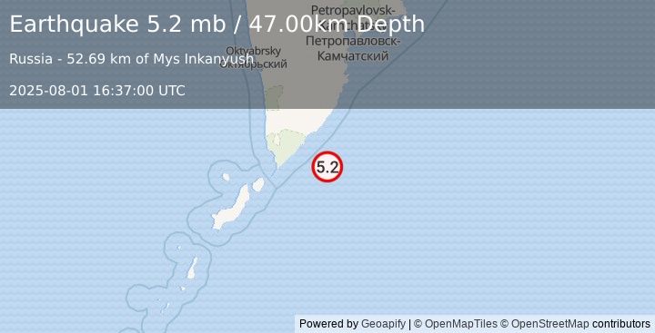 Earthquake EAST OF KURIL ISLANDS (5.0 mb) (2025-08-01 16:36:55 UTC)