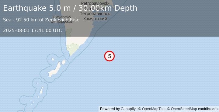 Earthquake OFF EAST COAST OF KAMCHATKA (5.0 mb) (2025-08-01 17:41:04 UTC)