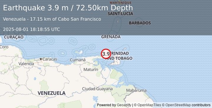 Earthquake OFFSHORE SUCRE, VENEZUELA (3.9 m) (2025-08-01 18:18:55 UTC)