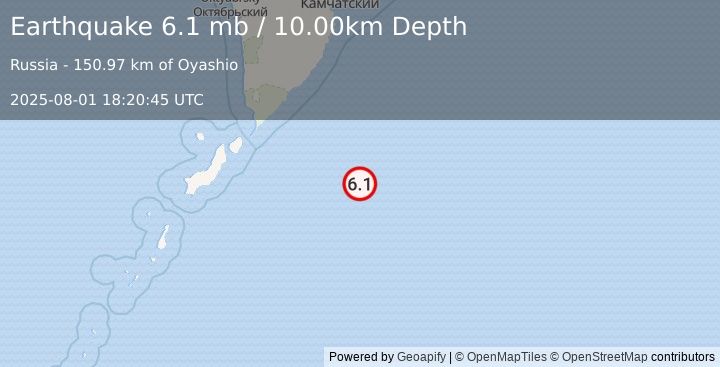 Earthquake EAST OF KURIL ISLANDS (6.2 mw) (2025-08-01 18:20:46 UTC)