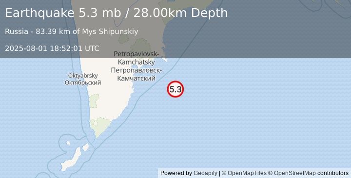 Earthquake OFF EAST COAST OF KAMCHATKA (5.0 mb) (2025-08-01 18:51:56 UTC)