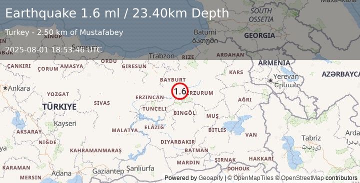 Earthquake EASTERN TURKEY (1.6 ml) (2025-08-01 18:53:46 UTC)