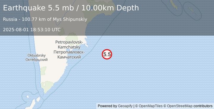 Earthquake OFF EAST COAST OF KAMCHATKA (5.5 mb) (2025-08-01 18:53:10 UTC)