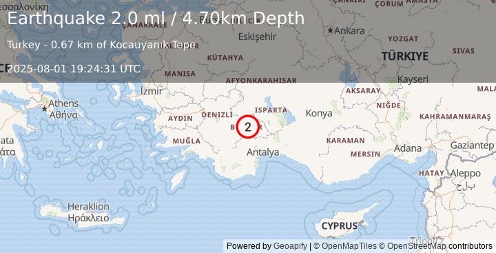 Earthquake WESTERN TURKEY (2.0 ml) (2025-08-01 19:24:31 UTC)