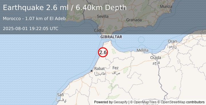 Earthquake STRAIT OF GIBRALTAR (2.6 ml) (2025-08-01 19:22:05 UTC)