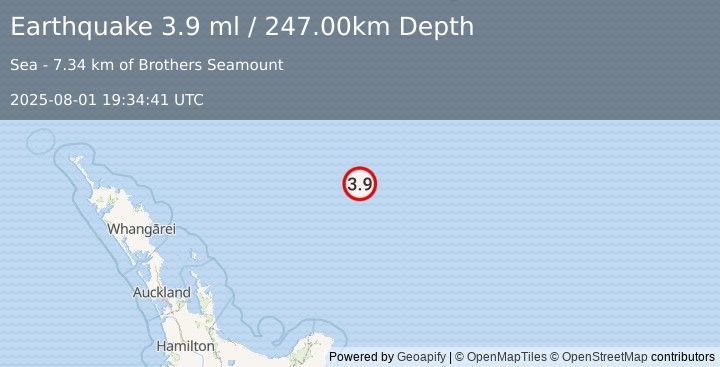 Earthquake SOUTH OF KERMADEC ISLANDS (3.9 ml) (2025-08-01 19:34:41 UTC)