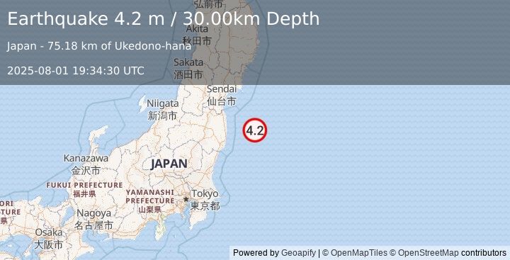Earthquake NEAR EAST COAST OF HONSHU, JAPAN (4.2 m) (2025-08-01 19:34:30 UTC)