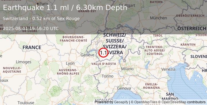 Earthquake SWITZERLAND (1.1 ml) (2025-08-01 19:56:20 UTC)