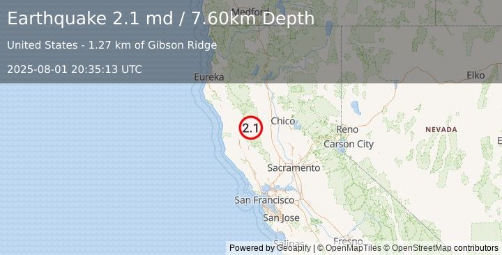 Earthquake NORTHERN CALIFORNIA (2.1 md) (2025-08-01 20:35:13 UTC)