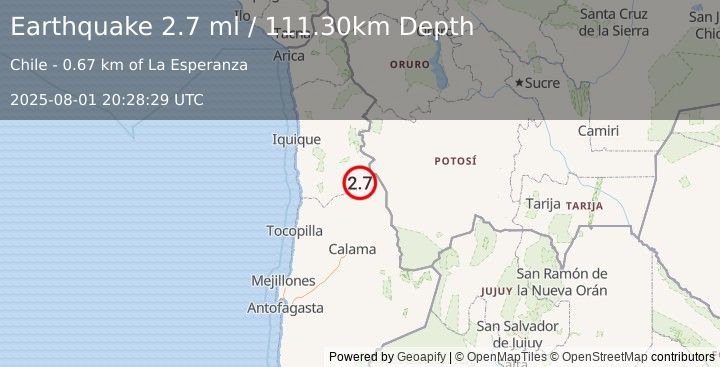 Earthquake TARAPACA, CHILE (2.7 ml) (2025-08-01 20:28:29 UTC)