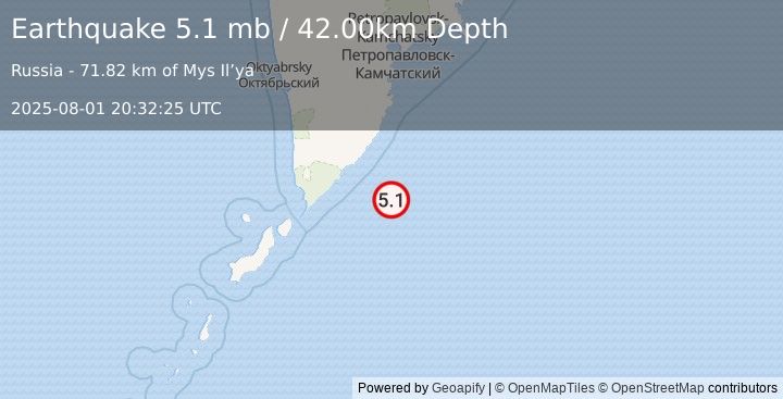 Earthquake NEAR EAST COAST OF KAMCHATKA (5.0 mb) (2025-08-01 20:32:24 UTC)