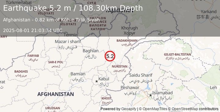 Earthquake HINDU KUSH REGION, AFGHANISTAN (5.2 m) (2025-08-01 21:03:34 UTC)