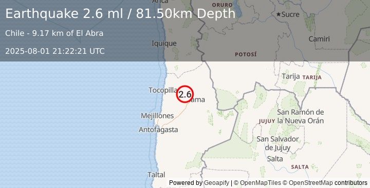 Earthquake ANTOFAGASTA, CHILE (2.6 ml) (2025-08-01 21:22:21 UTC)