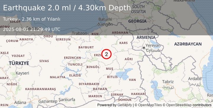 Earthquake EASTERN TURKEY (2.0 ml) (2025-08-01 21:29:49 UTC)