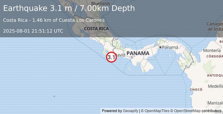 Earthquake COSTA RICA (3.1 m) (2025-08-01 21:51:12 UTC)