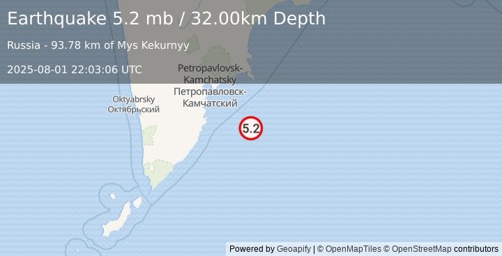 Earthquake OFF EAST COAST OF KAMCHATKA (5.4 mw) (2025-08-01 22:03:02 UTC)