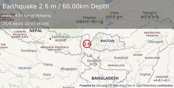 Earthquake SIKKIM, INDIA (2.6 m) (2025-08-01 22:03:36 UTC)