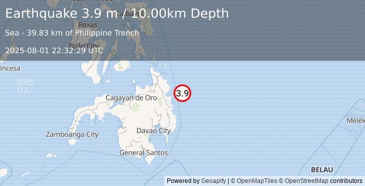 Earthquake MINDANAO, PHILIPPINES (3.9 m) (2025-08-01 22:32:29 UTC)
