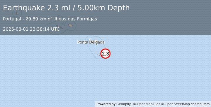 Earthquake AZORES ISLANDS REGION (2.3 ml) (2025-08-01 23:38:14 UTC)