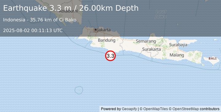 Earthquake JAVA, INDONESIA (3.3 m) (2025-08-02 00:11:13 UTC)