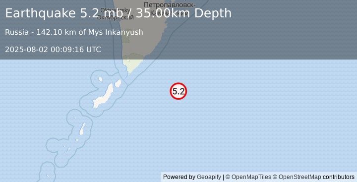 Earthquake EAST OF KURIL ISLANDS (5.2 mb) (2025-08-02 00:09:16 UTC)