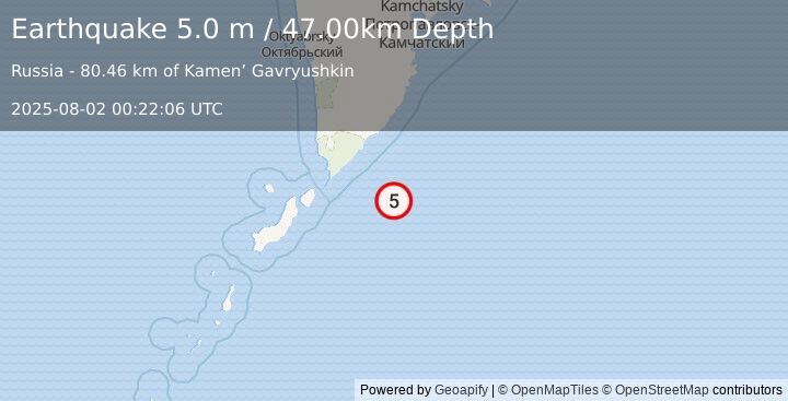 Earthquake EAST OF KURIL ISLANDS (5.0 m) (2025-08-02 00:22:06 UTC)