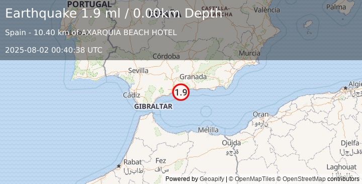Earthquake STRAIT OF GIBRALTAR (1.9 ml) (2025-08-02 00:40:38 UTC)