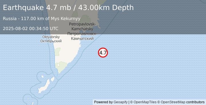 Earthquake OFF EAST COAST OF KAMCHATKA (4.7 mb) (2025-08-02 00:34:50 UTC)