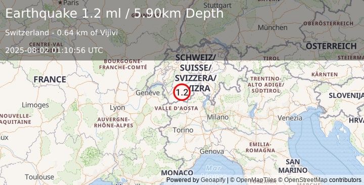 Earthquake SWITZERLAND (1.2 ml) (2025-08-02 01:10:56 UTC)