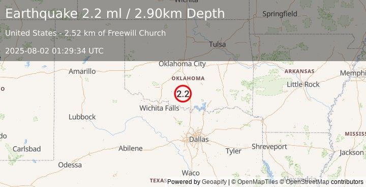 Earthquake OKLAHOMA (2.2 ml) (2025-08-02 01:29:34 UTC)