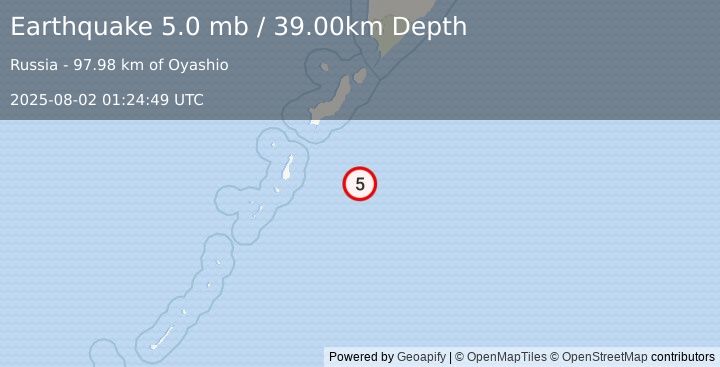 Earthquake KURIL ISLANDS (4.9 mb) (2025-08-02 01:24:48 UTC)