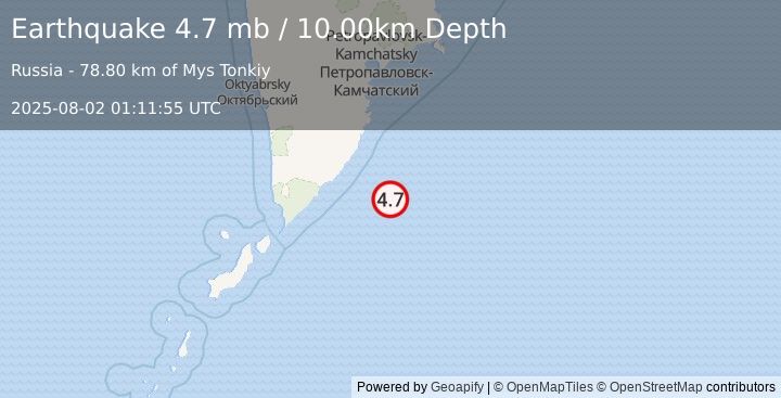 Earthquake NEAR EAST COAST OF KAMCHATKA (4.7 mb) (2025-08-02 01:11:55 UTC)