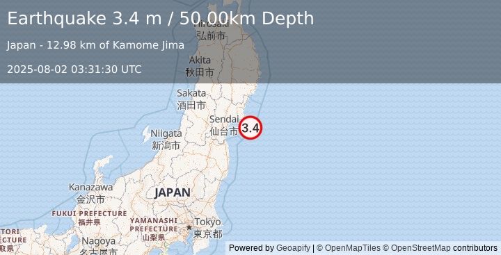 Earthquake NEAR EAST COAST OF HONSHU, JAPAN (3.4 m) (2025-08-02 03:31:30 UTC)