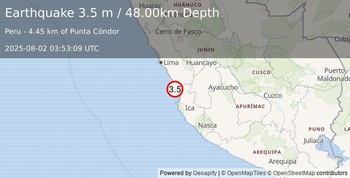 Earthquake NEAR COAST OF CENTRAL PERU (3.5 m) (2025-08-02 03:53:09 UTC)