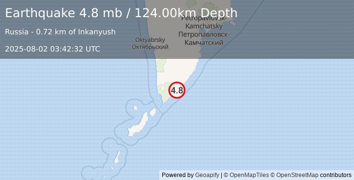 Earthquake NEAR EAST COAST OF KAMCHATKA (4.5 mb) (2025-08-02 03:42:30 UTC)