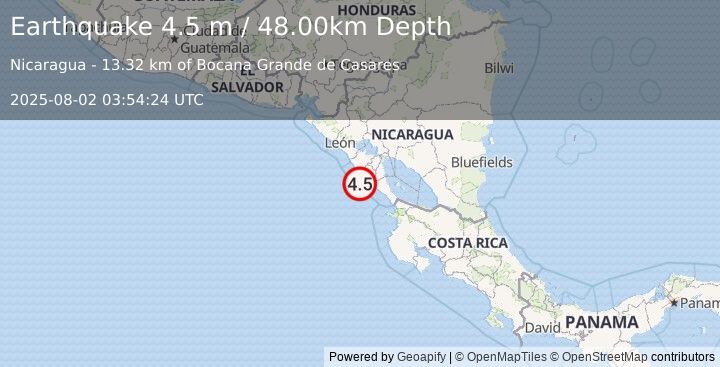 Earthquake NEAR COAST OF NICARAGUA (4.5 m) (2025-08-02 03:54:24 UTC)