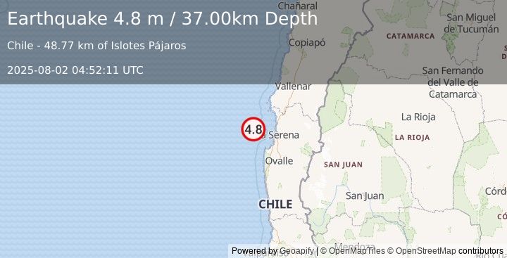 Earthquake OFFSHORE COQUIMBO, CHILE (4.8 m) (2025-08-02 04:52:12 UTC)