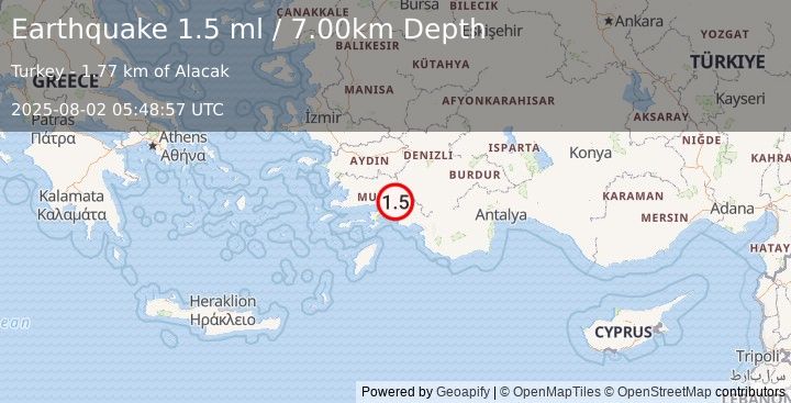 Earthquake WESTERN TURKEY (1.5 ml) (2025-08-02 05:48:57 UTC)