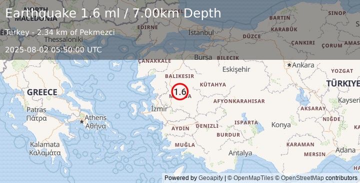 Earthquake WESTERN TURKEY (1.6 ml) (2025-08-02 05:50:00 UTC)