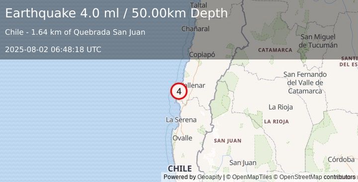 Earthquake ATACAMA, CHILE (4.1 ml) (2025-08-02 06:48:13 UTC)