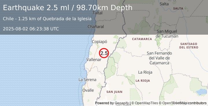 Earthquake ATACAMA, CHILE (2.5 ml) (2025-08-02 06:23:38 UTC)