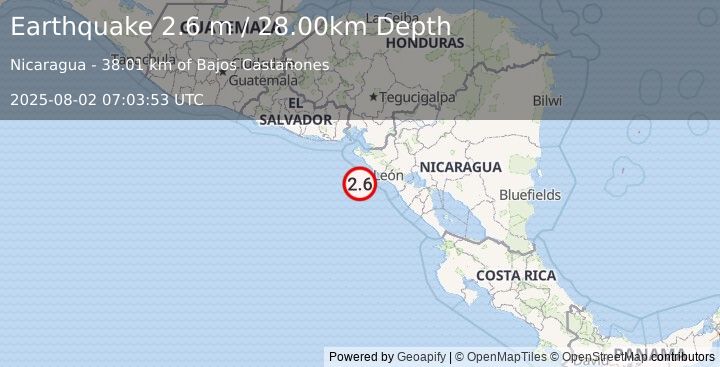 Earthquake NEAR COAST OF NICARAGUA (2.6 m) (2025-08-02 07:03:53 UTC)
