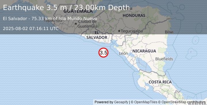 Earthquake OFFSHORE EL SALVADOR (3.5 m) (2025-08-02 07:16:11 UTC)