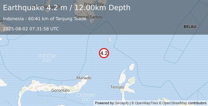 Earthquake KEPULAUAN TALAUD, INDONESIA (4.2 m) (2025-08-02 07:31:58 UTC)