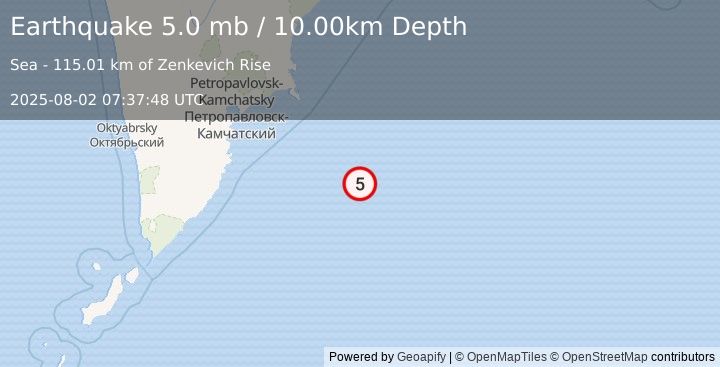 Earthquake OFF EAST COAST OF KAMCHATKA (4.6 mb) (2025-08-02 07:37:47 UTC)