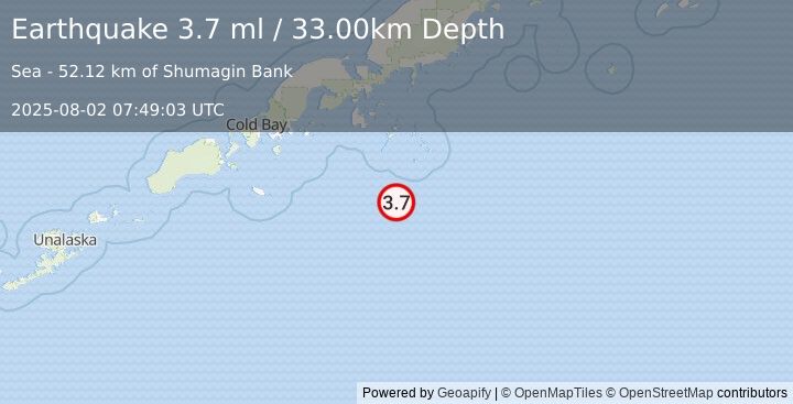 Earthquake SOUTH OF ALASKA (3.7 ml) (2025-08-02 07:49:03 UTC)